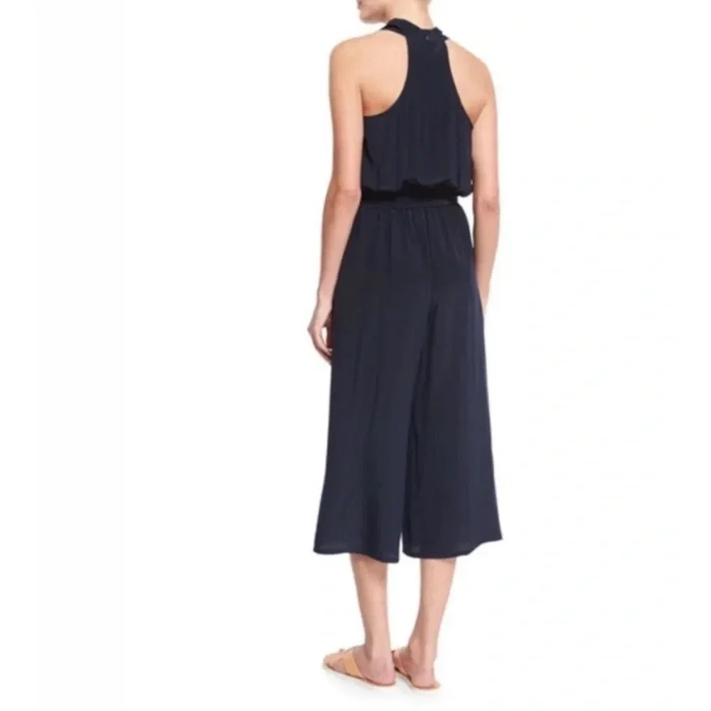 Tory Burch Navy Jumpsuit Campana Silk Sleeveless V Neck Cropped Leg Pockets S
